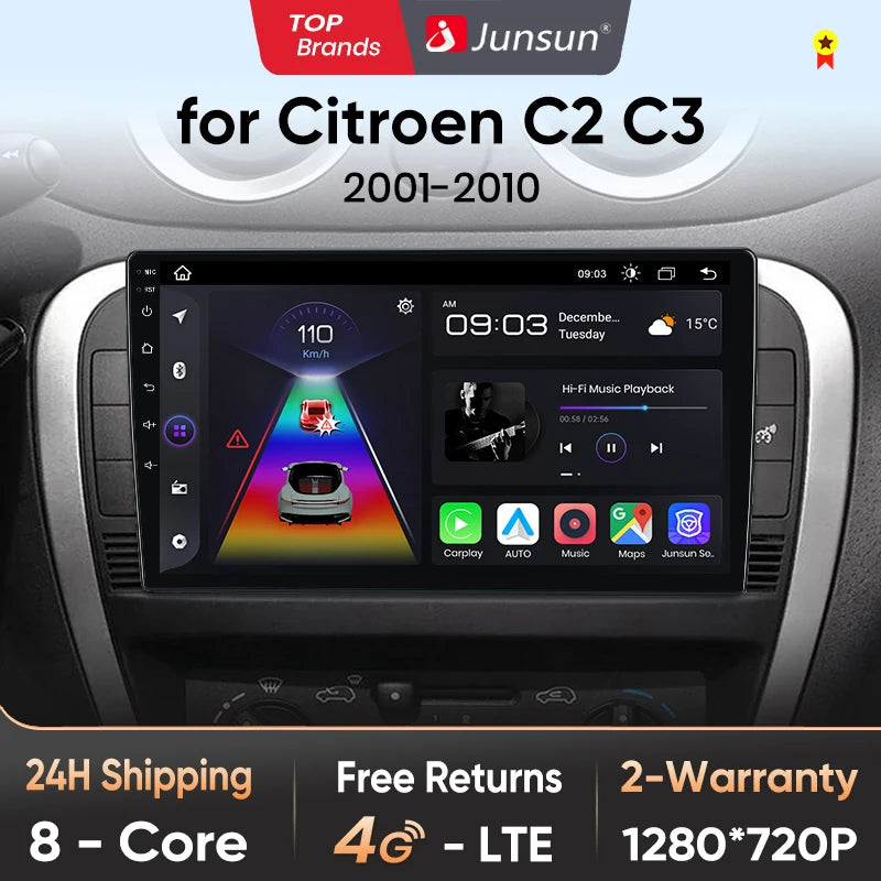 Junsun V1 Plus Autoradio für Citroen C2 C3 2001–2010, kabelloses CarPlay Android Auto, intelligente Autosysteme, keine 2 Din 2Din DVD 
