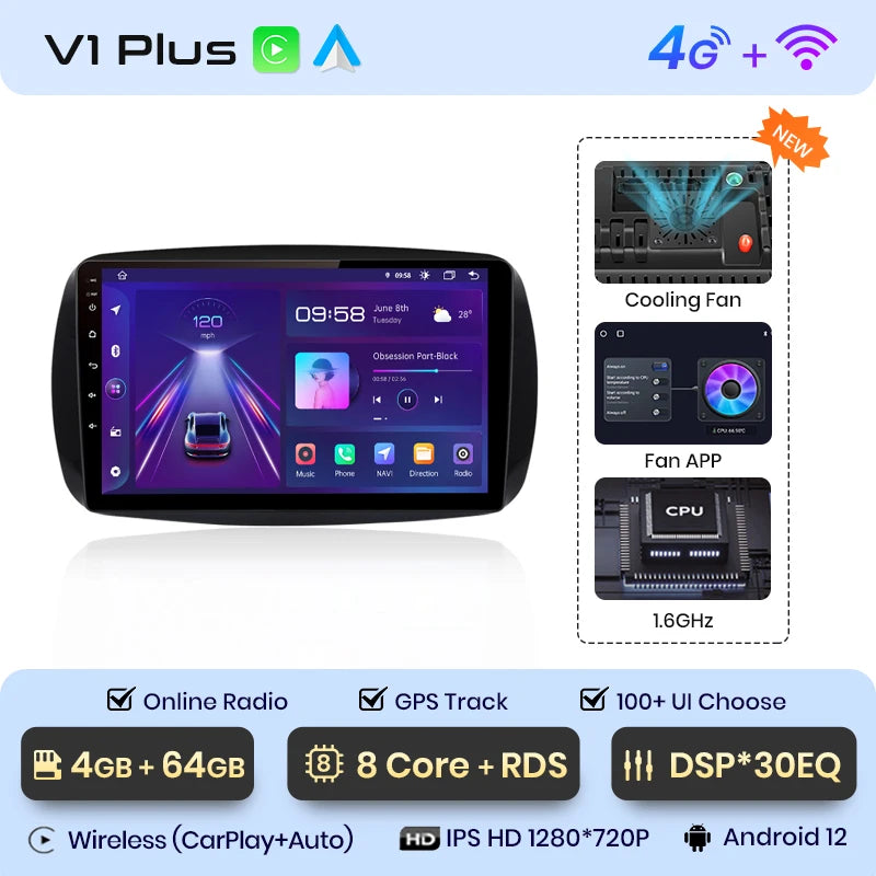 Junsun V1 AI Voice - Radio inalámbrica CarPlay Android para Mercedes Benz Smart 2016, GPS, 2DIN, para coche 