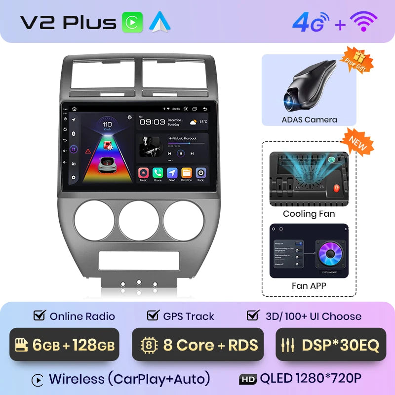 Junsun V1 AI Voice - Radio inalámbrica CarPlay Android para Jeep Compass 2007-2009, 4G, GPS, 2DIN 