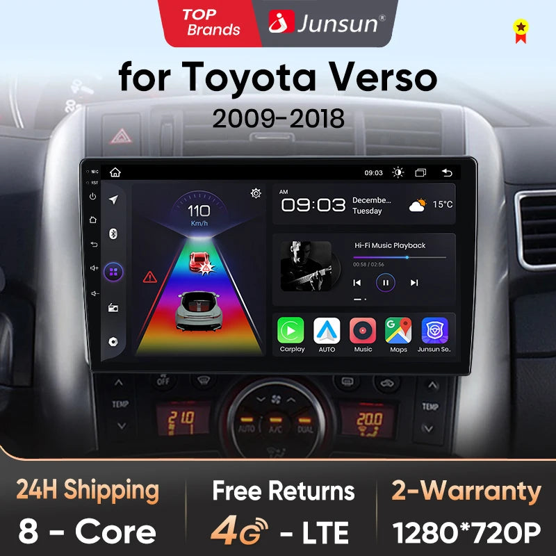 Junsun V1 AI Voice - Radio inalámbrica CarPlay Android para Toyota Verso R20 (2009-2018), 4G, GPS, 2DIN 