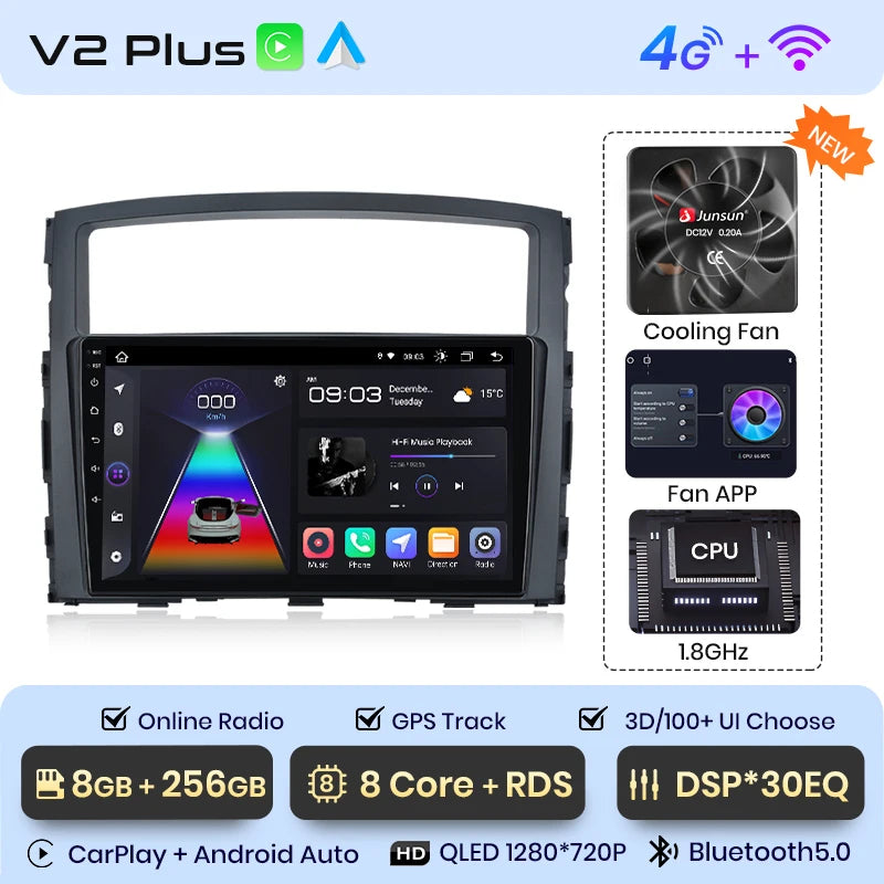 Radio Junsun V1 Plus para Mitsubishi Pajero 4 V80 V90 2006-2014 con CarPlay inalámbrico, Android Auto, 2 DIN, DVD. 