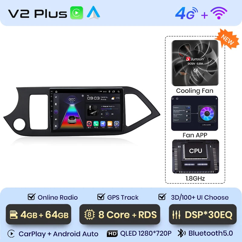 Junsun Autoradio für KIA Morning Picanto 2011–2016, kabelloses CarPlay Android Auto, intelligente Autosysteme, keine 2 Din, 2Din DVD 