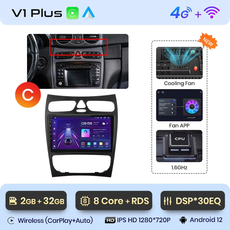 Radio para coche Junsun CarPlay Android Auto para Mercedes Benz Clase C Clase CLK W203 W209 S203 A209 2000-2005 Sistemas inteligentes Auto 