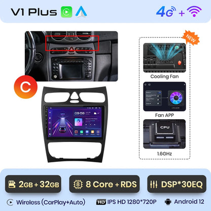 Radio para coche Junsun CarPlay Android Auto para Mercedes Benz Clase C Clase CLK W203 W209 S203 A209 2000-2005 Sistemas inteligentes Auto 