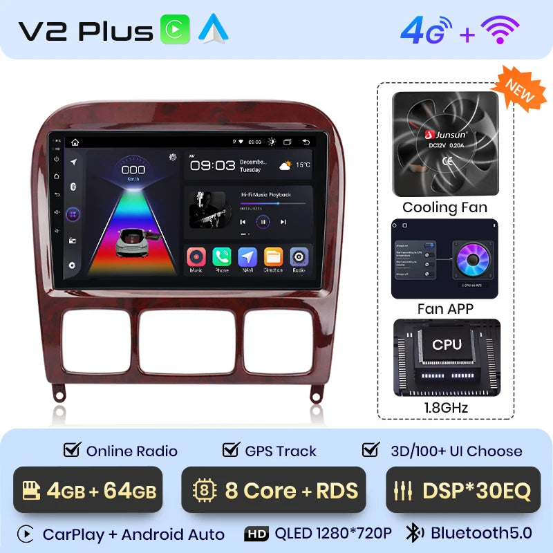Radio Junsun V1 Plus para Mercedes Benz Clase S W220 1998-2005 con CarPlay inalámbrico, Android Auto, 2 DIN, DVD. 