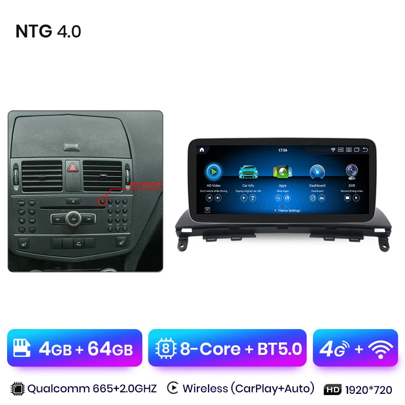 Junsun KSW Qualcomm 665 CarPlay For Apple Car Radio Multimedia For Mercedes-Benz C Class W204 S205 C204 2007-2018 4G WiFi Stereo