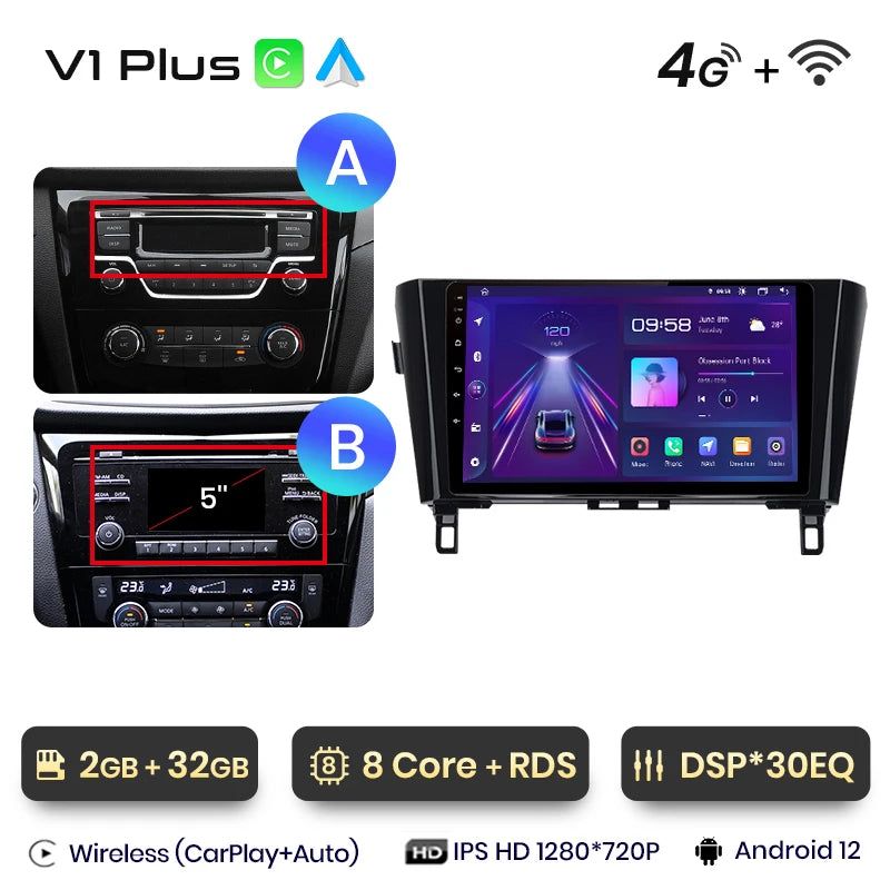 Junsun V1 - Radio inalámbrica con CarPlay y Android para Nissan Qashqai J11 X-Trail 3 T32 (2013-2017), GPS, 2DIN 