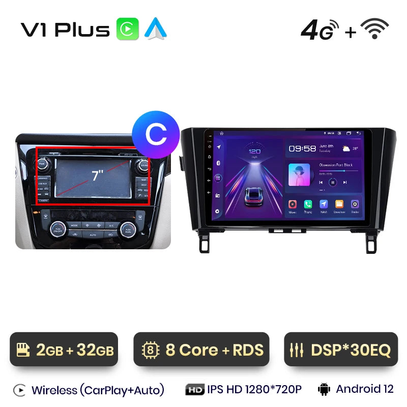 Junsun V1 - Radio inalámbrica con CarPlay y Android para Nissan Qashqai J11 X-Trail 3 T32 (2013-2017), GPS, 2DIN 
