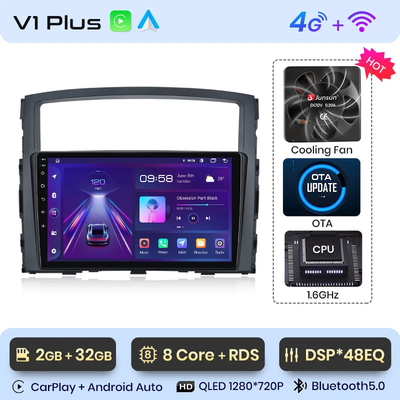 Radio Junsun V1 Plus para Mitsubishi Pajero 4 V80 V90 2006-2014 con CarPlay inalámbrico, Android Auto, 2 DIN, DVD. 