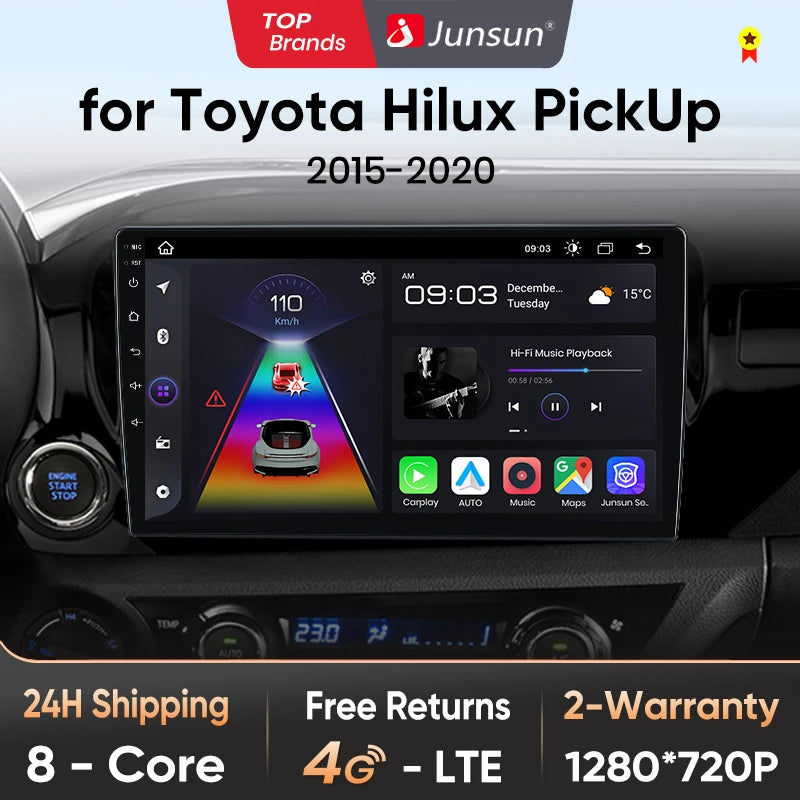 Radio Junsun V1 Plus para Toyota Hilux PickUp AN120 2015-2020 con CarPlay inalámbrico, Android Auto, 2 DIN, DVD. 