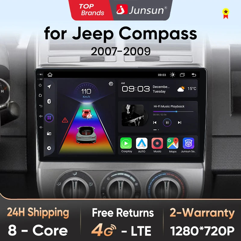 Junsun V1 AI Voice - Radio inalámbrica CarPlay Android para Jeep Compass 2007-2009, 4G, GPS, 2DIN 