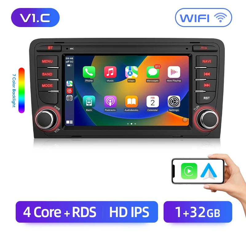 Junsun AI voice 4G LTE wireless CarPlay Android Auto Radio For Audi A3 8P 2003 2004 2005 2006 2007 - 2011 S3 RS3 Sportback Car Intelligent Systems Multimedia player Stereo RDS BT 2 din autoradio GPS Navi screen