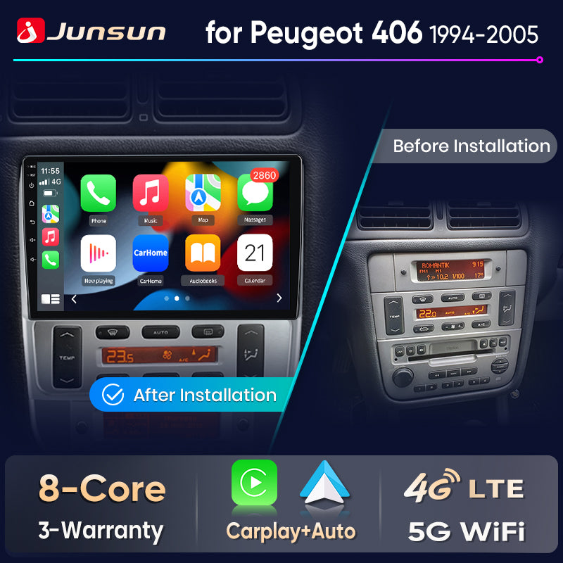 Junsun Wireless CarPlay Car Radio For Peugeot 406 1994 1995 1996 1997-2005 Android Multimedia