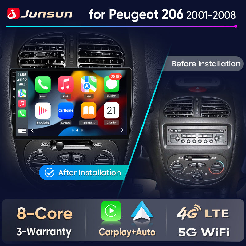 Junsun Wireless CarPlay Car Radio For Peugeot 206 2001 2002 2003 2004-2008 Android Multimedia