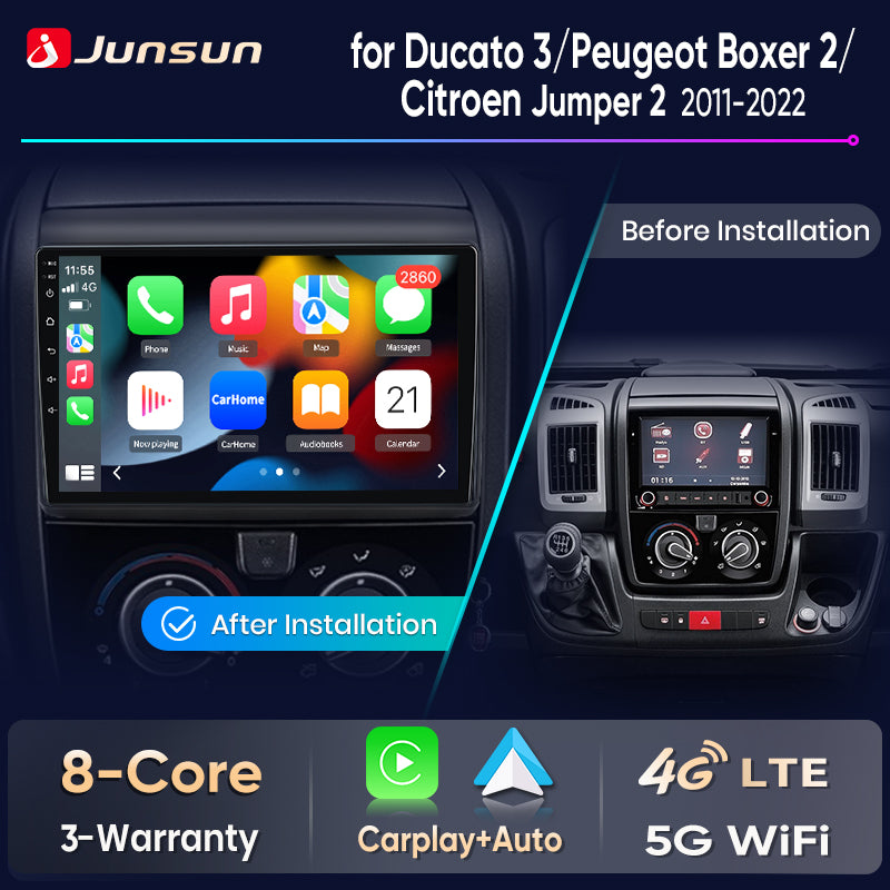 Junsun Wireless CarPlay Car Radio For Fiat Ducato 3 Peugeot Boxer 2 Citroen Jumpe 2 2011-2022 Android Multimedia