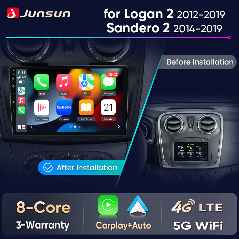 Junsun Wireless CarPlay Car Radio For Renault Logan 2 Sandero 2014 2015 2016-2019 Android Multimedia