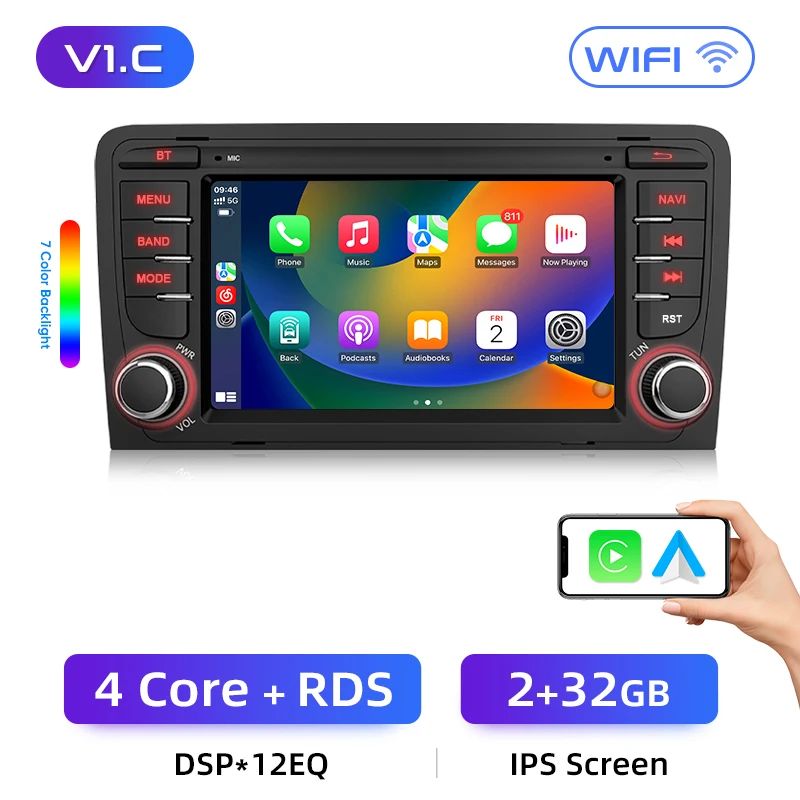 Junsun AI voice 4G LTE wireless CarPlay Android Auto Radio For Audi A3 8P 2003 2004 2005 2006 2007 - 2011 S3 RS3 Sportback Car Intelligent Systems Multimedia player Stereo RDS BT 2 din autoradio GPS Navi screen