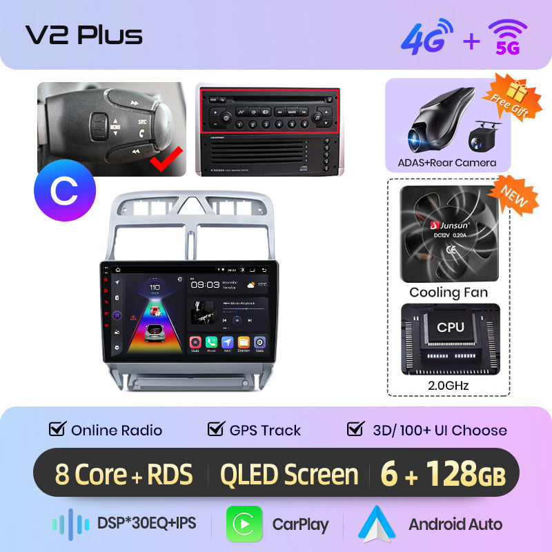 Junsun AI voice 4G LTE wireless CarPlay Android Auto Radio For Peugeot 307 307CC 307SW 2002 - 2013 Car Intelligent Systems Multimedia player Stereo RDS BT 2 din autoradio GPS Navi screen