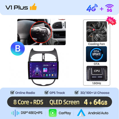 Junsun AI voice 4G LTE wireless CarPlay Android Auto Radio For Peugeot 206 206CC 206SW 2001-2008 Car Intelligent Systems Multimedia player Stereo RDS BT 2 din autoradio GPS Navi screen