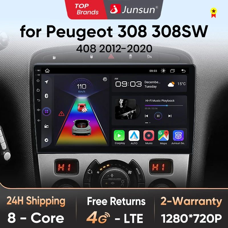 Junsun AI voice 4G LTE wireless CarPlay Android Auto Radio For Peugeot 308 308SW 408 2012 - 2020 Car Intelligent Systems Multimedia player Stereo RDS BT 2 din autoradio GPS Navi screen