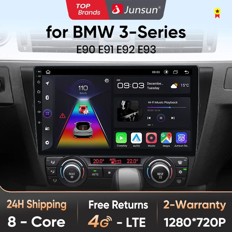 Junsun AI voice 4G LTE wireless CarPlay Android Auto Radio For BMW 3-Series E90 E91 E92 E93 Car Intelligent Systems Multimedia player Stereo RDS BT 2 din autoradio GPS Navi screen