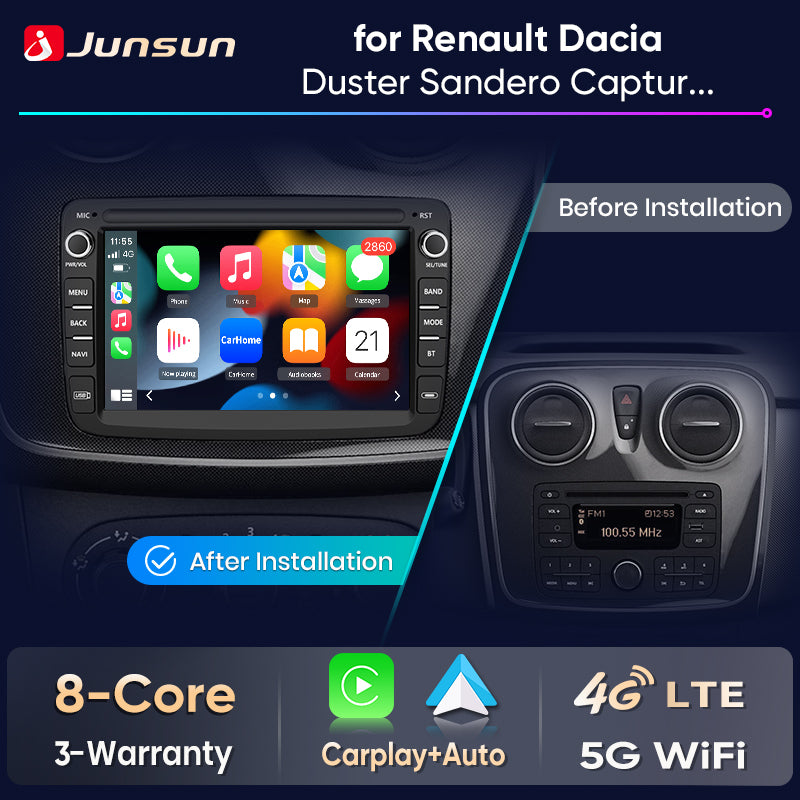 Junsun Wireless CarPlay Car Radio For Renault Dacia Duster Sandero Captur Xray Logan 2 Symbol Dokker Android Multimedia