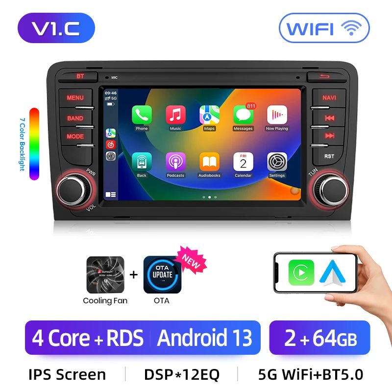 Junsun AI voice 4G LTE wireless CarPlay Android Auto Radio For Audi A3 8P 2003 2004 2005 2006 2007 - 2011 S3 RS3 Sportback Car Intelligent Systems Multimedia player Stereo RDS BT 2 din autoradio GPS Navi screen